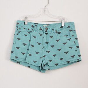 I LOVE H81 Mint Green Geometric Triangle Print Cotton Denim Shorts | Size 27
